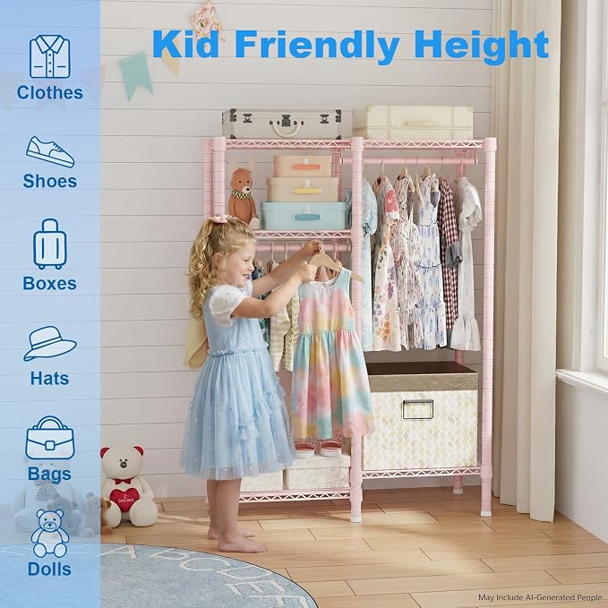 F1 Clothes Rack for Kids, Baby, Students, and Children's Room, 4 Tiers Portable Metal Closet Clothing Rack, Small Garment Rack with 2 Hanging Rod, 31.2" W x 11.8" D x 48" H, Pink | Clothing Rack for Baby and Children's Room, Small Freestanding Clothes ... - Image 6