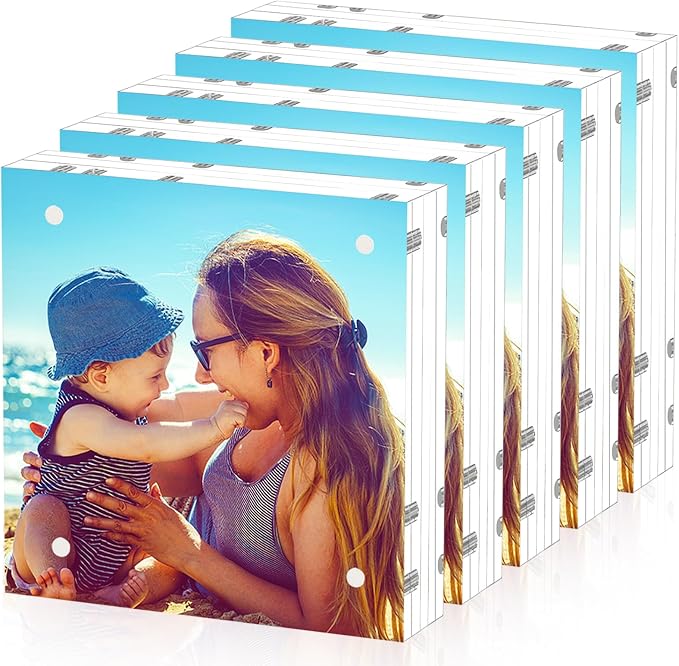 HELPLEX Acrylic Frame, 5 Pack 6x6 Acrylic Picture Frames, 24mm Thicker Square Frameless Clear Double Sided Magnetic Frame, Free Standing Desktop Display by HELPLEX