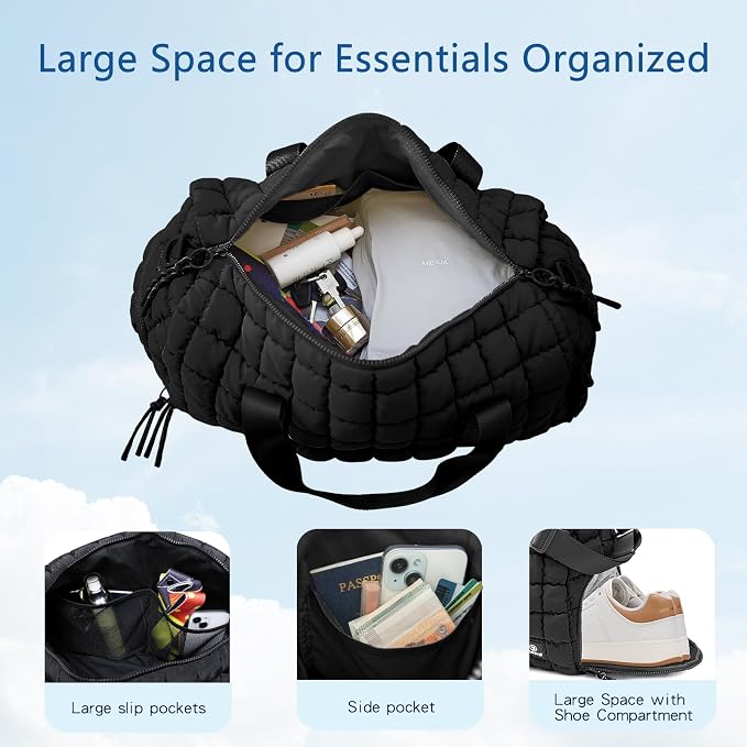 Quilted Gym Bag for Women,Duffle Bag for Travel with Wet Pocket,Carry on Weekender Bags for Women,Travel Bag with Shoe Compartment(Black) - Image 2