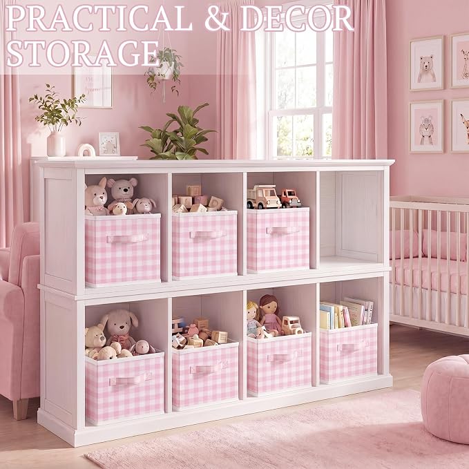 Yalikop 6 Pcs Pink Gingham Cube Storage Bins, 11 Inch Fabric Checkered Classroom Storage Bins Organizer with Handle Preppy Collapsible Cubby Basket for Classroom Home Nursery Playroom Bedroom - Image 5