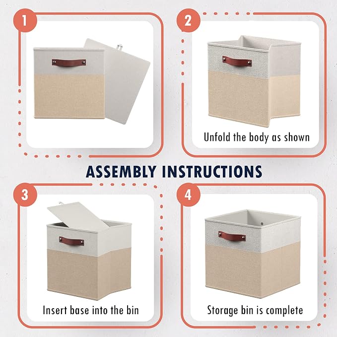Ornavo Home 13x15x13 Foldable Fabric Storage Cube Bins, 6 Pack, White/Khaki | Collapsible Linen Shelf Basket Organizer; Leather Handles; Fits Cube Storage Shelving Units - Image 7