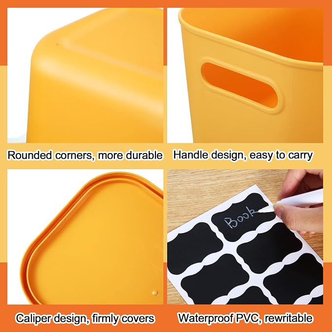 4 Pcs Plastic Storage Bins Stackable Baskets with Lid and Handle Colorful Desktop Storage Box Cubby Containers for Shelf Bedroom Office, Include 1 Erasable Marker, 16 Stickers(10 x 7 x 6 in) - Image 3