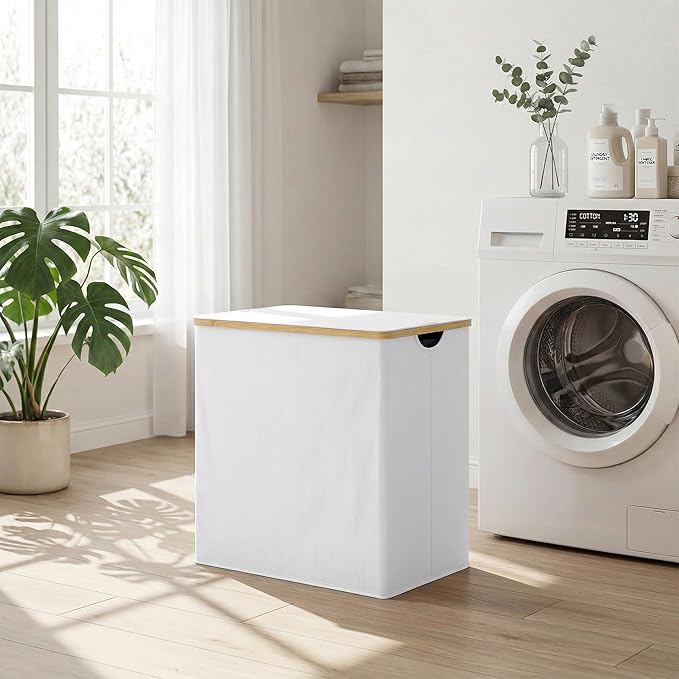 efluky Laundry Hamper with Lid, Double Laundry Basket with 2 Removable Bags, 2 Section Laundry Bin with Bamboo Handles for Bathroom, Bedroom & Laundry Room, 140L (36.9 Gallon) White - Image 7