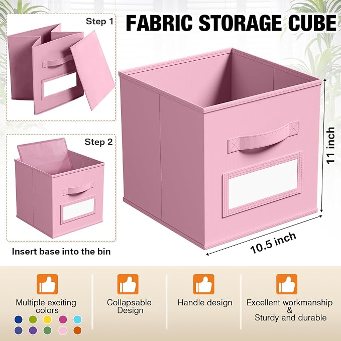 Teenyyou 10 Pack Fabric Storage Cubes 11 Inch Collapsible Cube Bins with Label Window & Handle Foldable Organizers Baskets for Shelf Closet Nursery Kids Room Clothes Book Toy(Candy) - Image 3