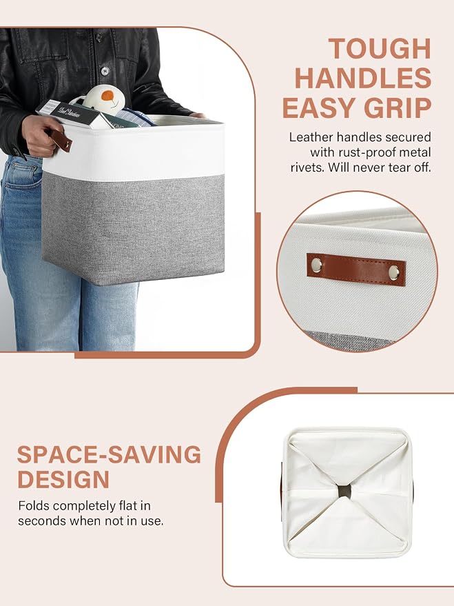 DULLEMELO [Set of 4 Storage Cubes Baskets for Organizing, 12 x 12 x 12 inch Cube Storage Organizer Bins with Leather Handles, Foldable Fabric Cloth Bins for Cube Storage(4 Pack - 12" White&Grey) - Image 5