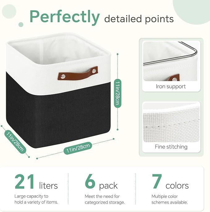 FinishingBo 11 inch Cube Storage Bin 6 Pack, Cube Organizer Bins | Fabric Storage Bins With Handles, 11x11 Storage Cubes, Shelf Basket, White/ Black - Image 4