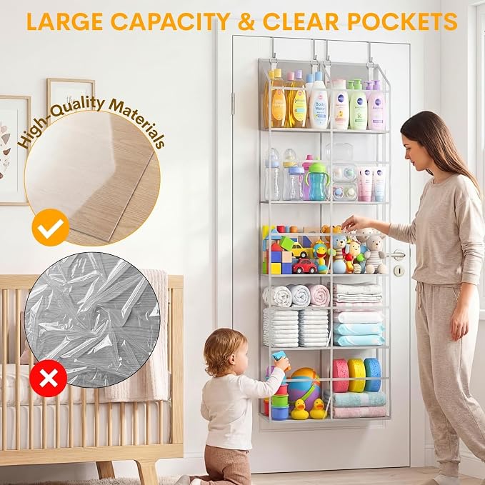 Over the Door Organizer 5 Tiers,Extra Large Behind Door Storage of 10 Compartments,50 lbs Weight Capacity Over the Door Storage, Clear Door Hanging Organizer for Closet, Diaper Organizer - Image 3