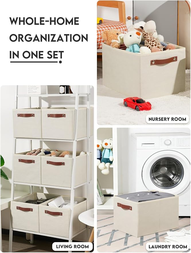 [6-Pack] Fabric Storage Bins Reinforced 2.5mm Cardboard Shelf Bins with PU Leather Handles (15x11x9.5 ) Durable Storage Baskets for Closet Organization, Toy Organizer, & Home Office Beige - Image 6