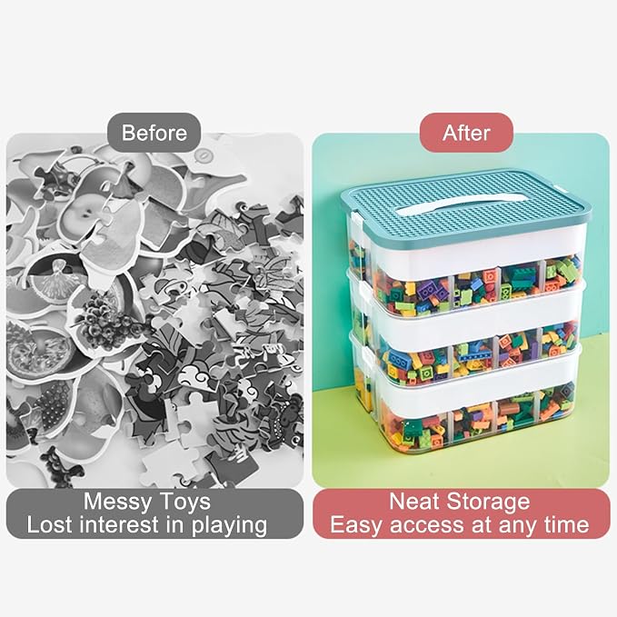 Toys Organizer Storage Case for Lego Box Kids Toy Stackable Building Blocks with Lids Bins Adjustable Lego Storage Containers Plastic Toy Box Green 2 Layers - Image 4