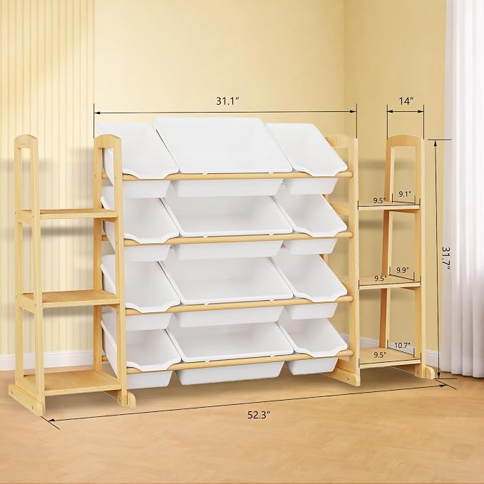 Toy Storage Organizer with Bookshelf – Wooden Toy Organizer with 12 Toy Bins & 6 Tier Bookcase,Quick Assembly Kids Bookshelf,Toy Bin for Playroom, Bedroom, Nursery– White - Image 2