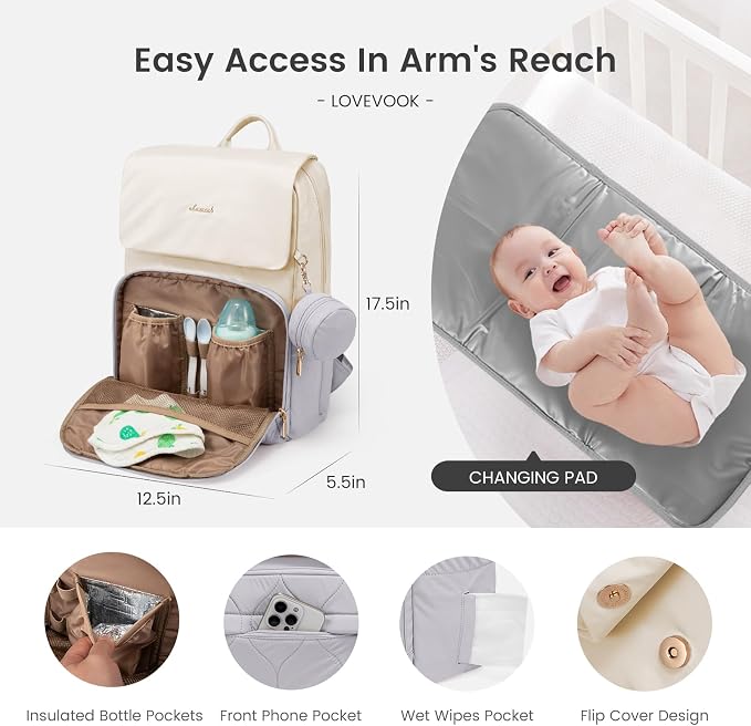 LOVEVOOK Diaper Bag Backpack, Baby Travel Bags for Boys & Girl, Toddler Waterproof Diaper Bag w/Changing Pad (Grey, 15.6''-Small) - Image 7