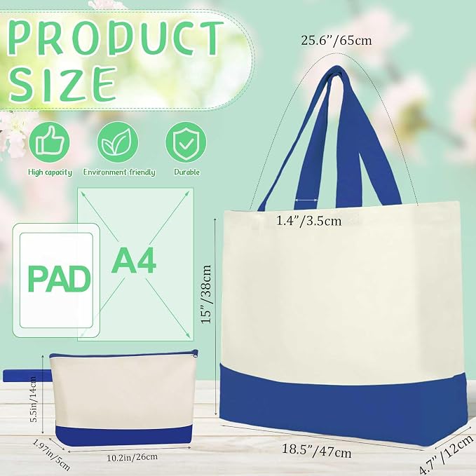 Sanwuta 30 Pcs Canvas Tote Bags Bulk with Zipper Cosmetic Pouch,Colorful | 18.5" Reusable Cotton Shopping Bag with Handle for DIY Craft - Image 3