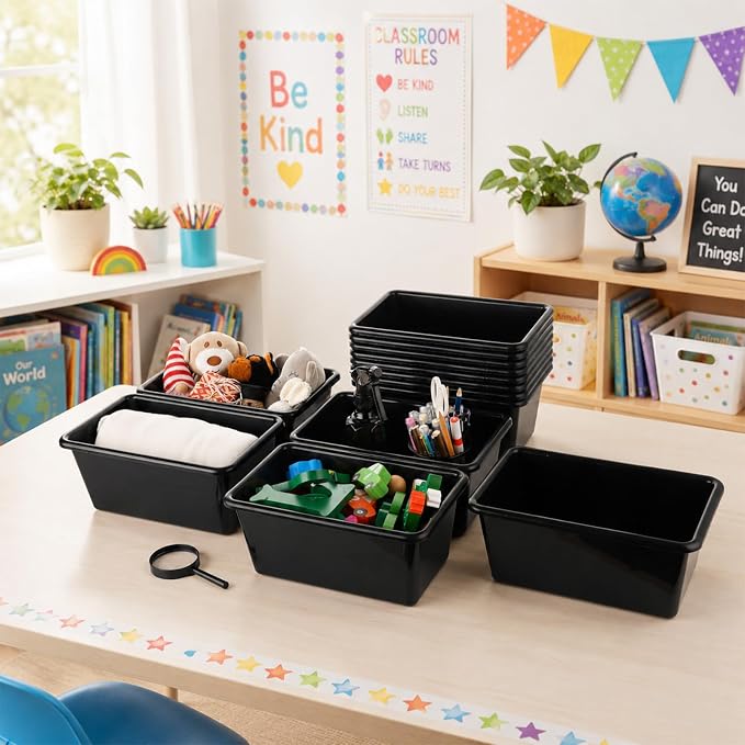 gisgfim 24 Pack Plastic Cubby Storage Bins Crew Toy Stackable Bin Classroom Plastic Cubby Bins Stackable Storage Containers Classroom Book Bin for Student Teacher School Office Home(Black) - Image 4