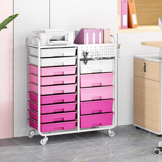 14 Drawer Rolling Storage Cart with Tabletop and Pegboard for Crafts Pink | Easy Setup, Large Capacity, Sturdy Build, Smooth Mobility, For classroom, office and dorm supplies - Image 8