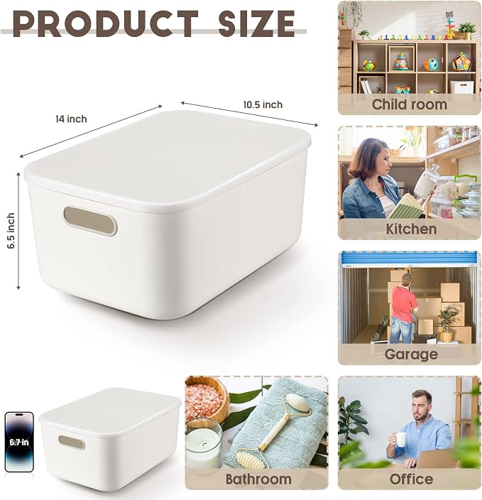 8 Pieces White Plastic Storage Bins with Lids, Stackable Storage baskets with Handle Containers Box for Shelves Drawers Desktop Playroom Classroom Office Organization(14 x 10.5 x 6.5 Inches) - Image 2