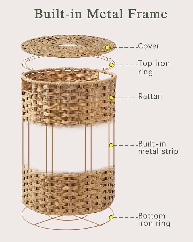 SETVSON Laundry Basket with Lid Round 29.1 Gal PE Rattan, Natural | Family Clothes & Blanket Trunk with Lid, Removable Liner Bag with Handles, 2 Mesh Wash Bags, Collapsible Steel Frame - Image 8