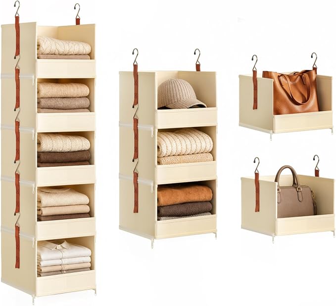 DIMJ Hanging Closet Organizer - 5-Tier Modular Hanging Shelves with Zippers Hooks, Collapsible Baskets for RV, Dorm, Small Spaces, Fabric Storage Bins for Clothes, Handbags by DiMJ