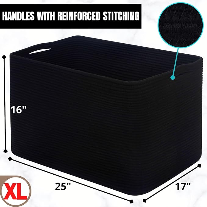 112L Extra Large Blanket Basket Holder Living Room, 25"x17"x16" Rectangle Rope Woven Storage Basket with Handles for Laundry, Pool Towels, Shoes, Dog Toy Organizer Bin Box, Black - Image 7