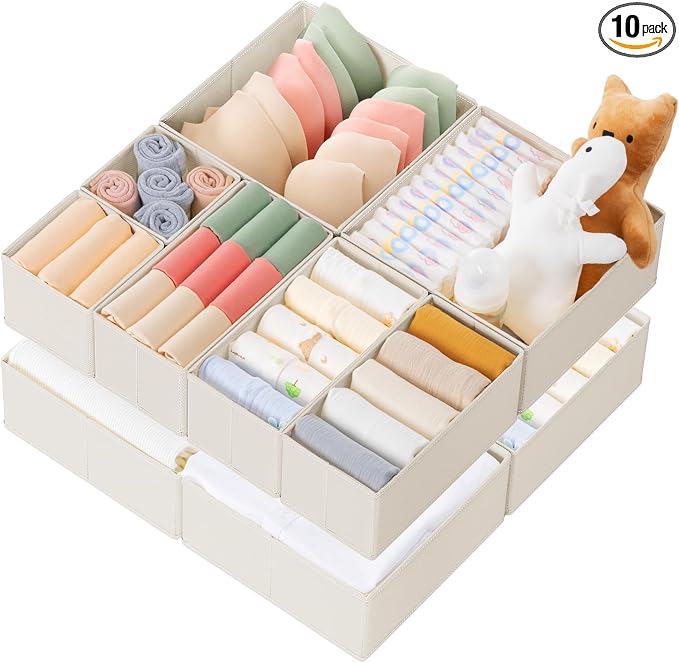 Drawer Organizer Clothes, 10 Pack Dresser Organizer for Baby Clothes, Underwear, Sock- Foldable Closet Organization and Storage Dividers Bins for Nursery, Bedroom (Oatmeal) by Criusia