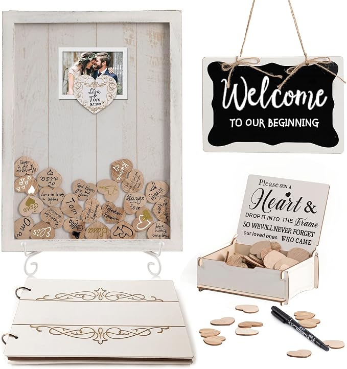 Y&K Homish Wedding Guest Book Set Alternative Rustic Wedding Decorations for Reception Wedding Signs (Creamy White, 11¾"X15¾ (80pcs Hearts & 1pc Book)) by YKHomish