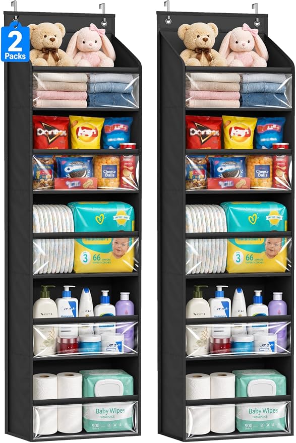 AOODA 2 Pack Over the Door Organizer, Large Capacity Closet Door Hanging Organizer, Clear Deep Pockets Baby Storage for Nursery, Bathroom, Bedroom, Pantry, Diapers (Black) by AOODA