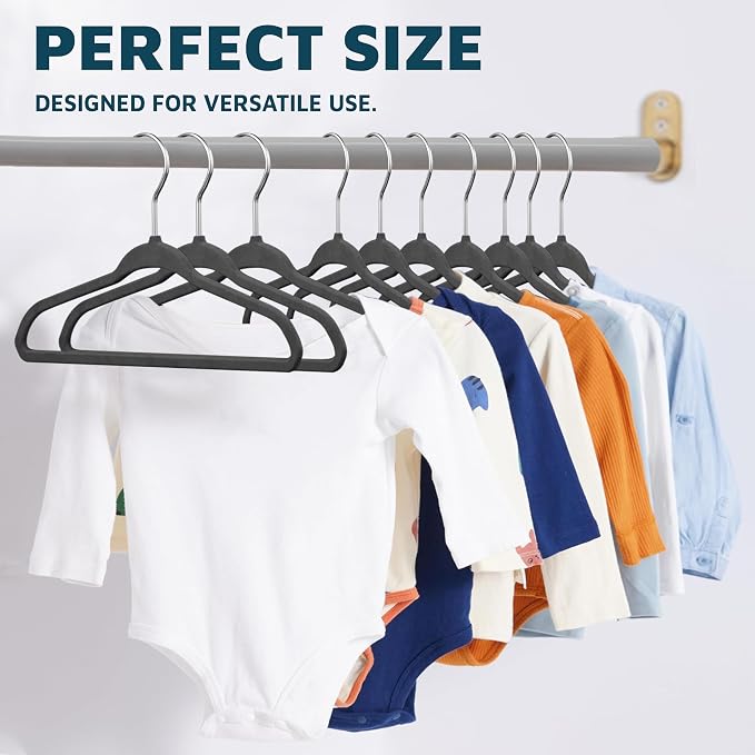 Black Velvet Kids Hangers 100 Pack, 10.83" Non-Slip Baby & Toddler Hangers for Clothes, Space-Saving Slim ABS Plastic with 360° Swivel Hook & Notched Shoulders, Up to 10 lb Capacity - Image 9