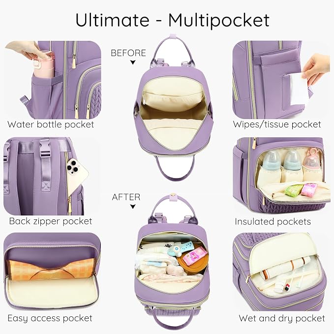 AIJIEKE Diaper Bag Backpack, Large Multi-functional Diaper Backpack, Purple | Waterproof lightweight baby backpack. With changing pad, stroller straps, insulated & wet/dry pocket. Mom & dad essential - Image 2