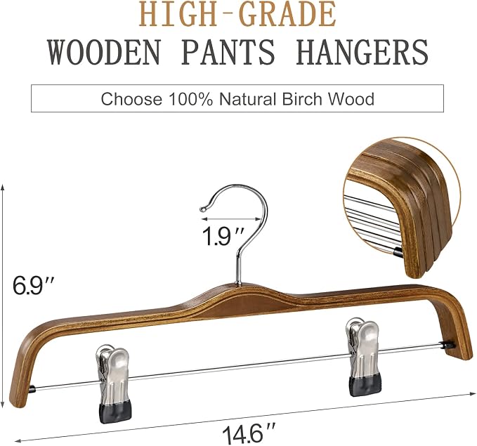 TOPIA HANGER Wooden Pants Hangers,Slim Natural Wood Skirt Hangers with Anti-Rust Hook and Adjustable Metal Clips, Perfect for Skirts,Pants,Slacks-10 Pack-CT17A - Image 2