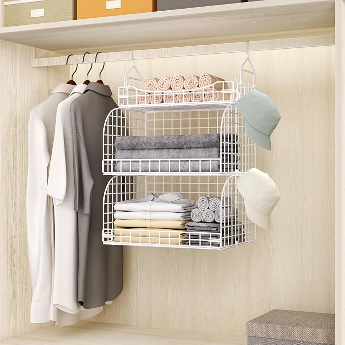 HapiRm Hanging Closet Organizer Storage - 3 Tier Metal Stackable Hanging Closet Shelves with Dividers and S Hooks, Foldable Clothes Shelves for Clothes, Pants, Shoes, Coat, Hats Clutches Accessories - Image 5