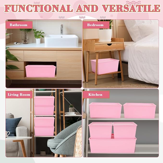 6 Pcs Large and Small Plastic Storage Bins with Lids 14.4 x 10.4 x 5.1 Inch Stackable Storage Containers Decorative Cubby Organizer for Clothes Shelves Garage Closet Office(Pink) - Image 4