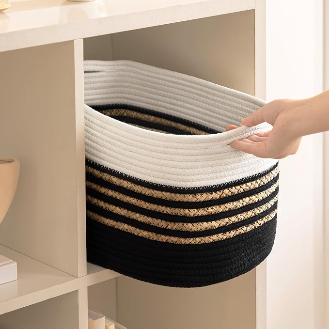UBBCARE 4 Pack Baskets for Organizing, Woven Storage Baskets for Toys and Towel, Rectangle Cotton Rope Basket with Handles, 14''L x 8''W x9''H, Black - Image 7