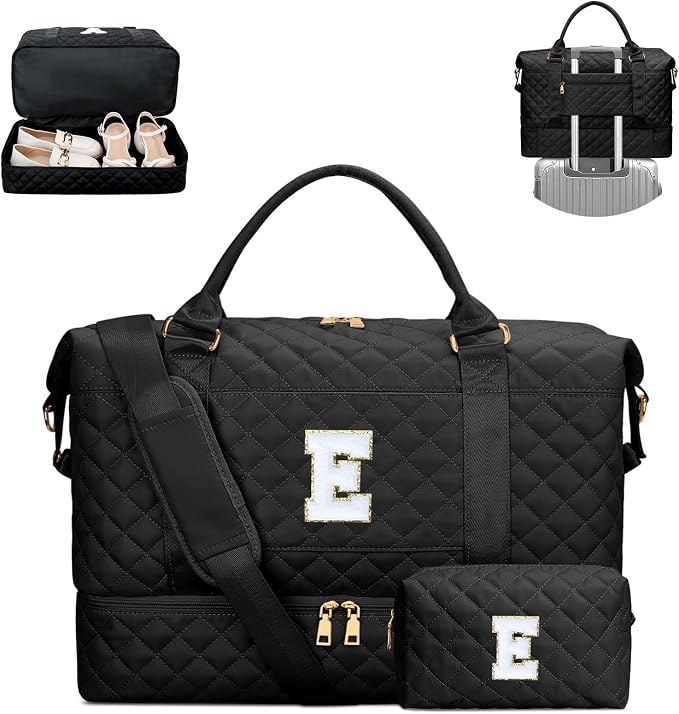 Birthday Presents for Daughter Initial Cheer Bags(Black,E) | Gifts for Women-Overnight Bags with Toiletry Bag-Weekender Bags with Shoe Compartment for Travel by Unknown
