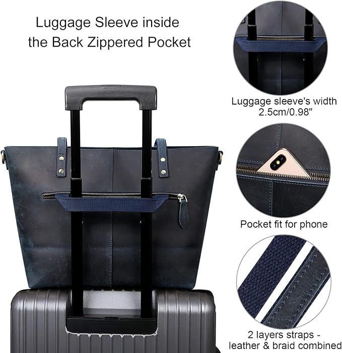S-ZONE Women Vintage Genuine Leather Tote Bag Large Shoulder Purse Work | 14" Padded Laptop Compartment, Detachable Long Strap, Luggage Strap, Multi Pockets, Travel Everyday - Image 3