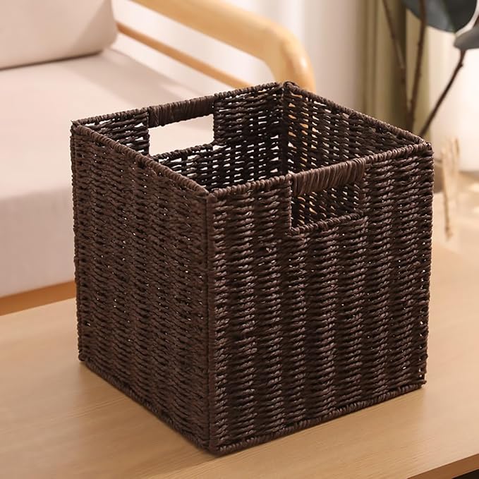 5Pcs Woven Shelf Baskets, 10.5'' Paper Rope Handmade Open Storage Bins, Dark Brown Pantry Baskets Organization Basket Foldable Storage Bins for Bedroom, Cubby Cubes Wicker Basket with Handles - Image 3