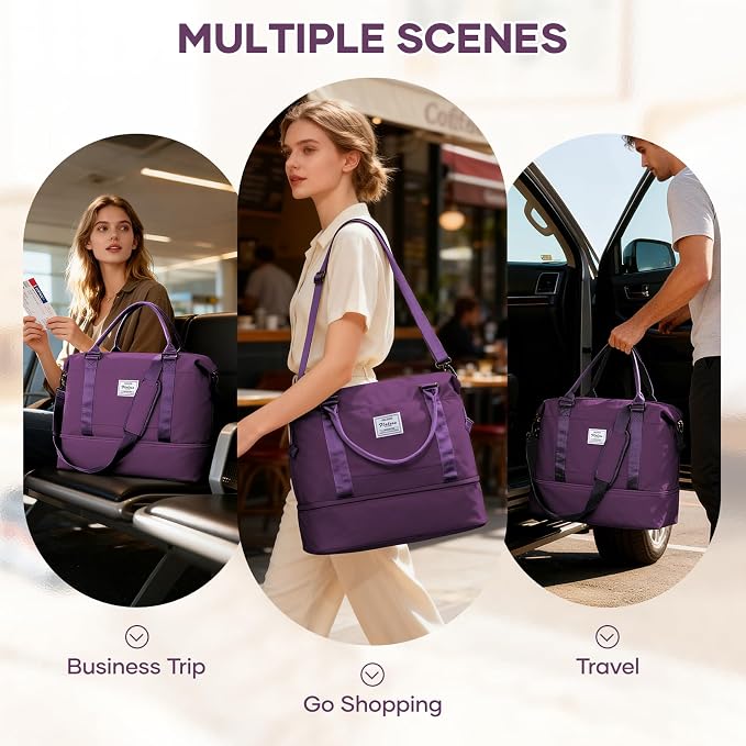 Travel Duffel Weekender Bag Women Tote Carry On Bags With Shoe Compartment | 18x14x8 inches Travel Overnight Bags with Trolley Sleeve for Airplanes Sport Tote Gym for Men Lightweight Daypack DeepPurple - Image 7