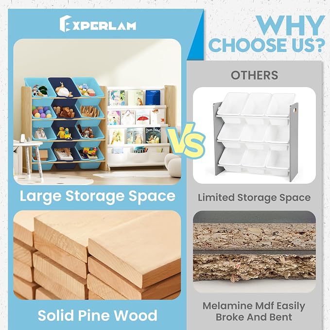 EXPERLAM Kids Toy Storage Organizer - Toy Storage with Bookshelf, Toy Organizer with 12 Blue Bins and 4 Book Shelves, Toy Organizers and Storage for Playroom, Nursery, Kids Room, Burlywood - Image 2