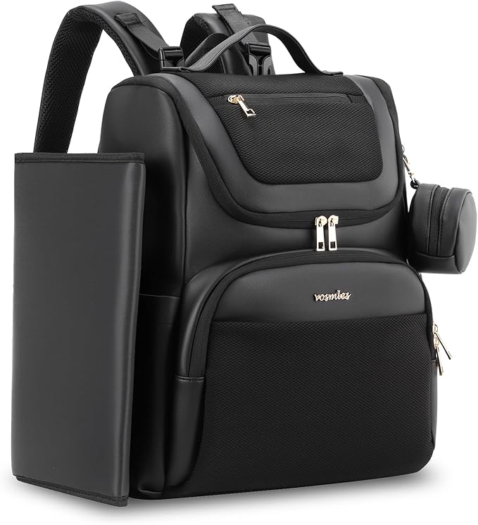 Large Leather Diaper Bag Backpack, Baby Travel Bag with Changing Pad, Insulated Pockets, Stroller Straps and Pacifier Case, Water-Resistant Diaper Bag for Mom and Dad, Black by Unknown