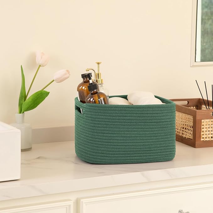 OIAHOMY 4 Pack Storage Baskets for Organizing 15L Cube Storage Bins Green | Woven Baskets for Storage Rectangle Small Baskets With Handles Baskets for Shelves Wicker Baskets for Shelves 12.7x9x7.8inch - Image 5