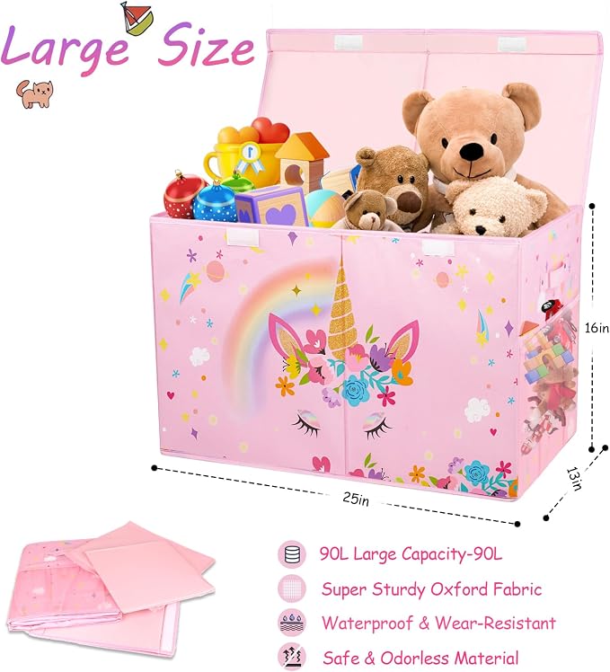 Large Toy Box, Sturdy Kids Storage Organizer for Boys Girls, 25"x13"x16" | Collapsible Storage Box with Lids, Toy Chest Bins Basket for Living Room, Playroom, Nursery, Pink - Image 8