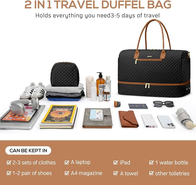 Travel Bag Weekender Bags for Women - Carry on Overnight Bag with Shoe Compartment Duffle Bag with Laptop Pocket Hospital Bag for Labor Delivery Gym Tote Bag with Toiletry Bag Black Brown - Image 4