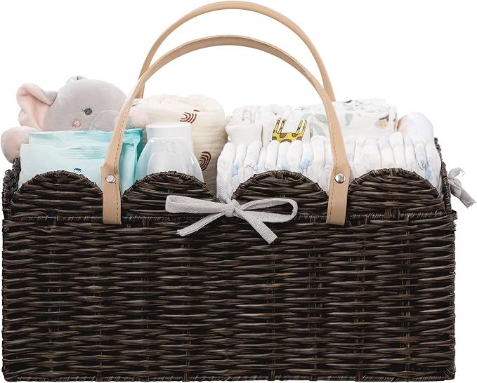 HBlife Baby Diaper Caddy Organizer, Portable Scalloped Plastic Wicker Woven Basket with Divider, Nursery Diaper Station, Baby Shower Gifts Basket, Car Organizer, Washable Waterproof by HBlife