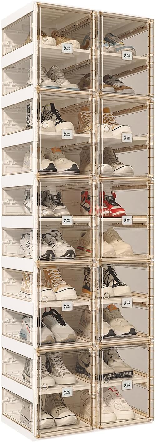 ANTBOX Foldable Shoe Rack,Shoe Organizers for Closet Plastic Shoe Storage Box for Entryway,Living Room,Large Sturdy Stackable Sneaker Cabinet Bins with Magnetic Clear Door 10 Tiers 20 Pairs by ANTBOX