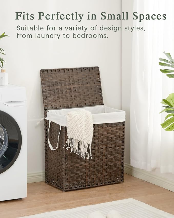 SETVSON Laundry Hamper with Lid Wicker Laundry Basket 112L PE, Brown | Large Family Clothes Sorter Trunk with Lid, 3 Compartment Washable Liners, 6 Mesh Bags, Collapsible Steel Frame - Image 7