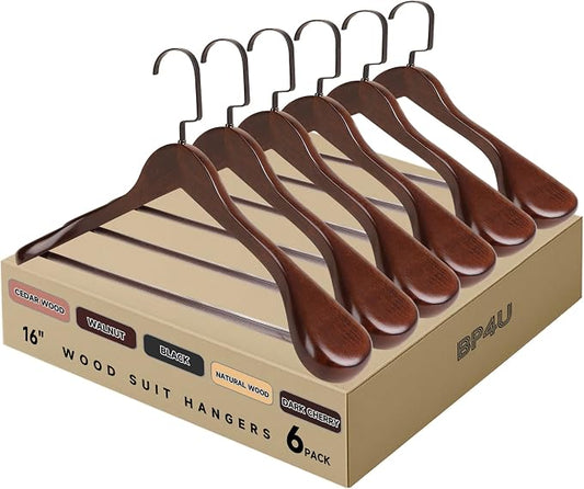 Wooden Suit Hangers with Non Slip Pants Bar, Walnut, 6-Pack, 16" | Wood Extra-Wide Shoulder Hangers, Flat-Head Hook Hangers for Suits, Coats, Jackets, Shirts, Pants, and Heavy Clothes by BP4U%E2%84%A2