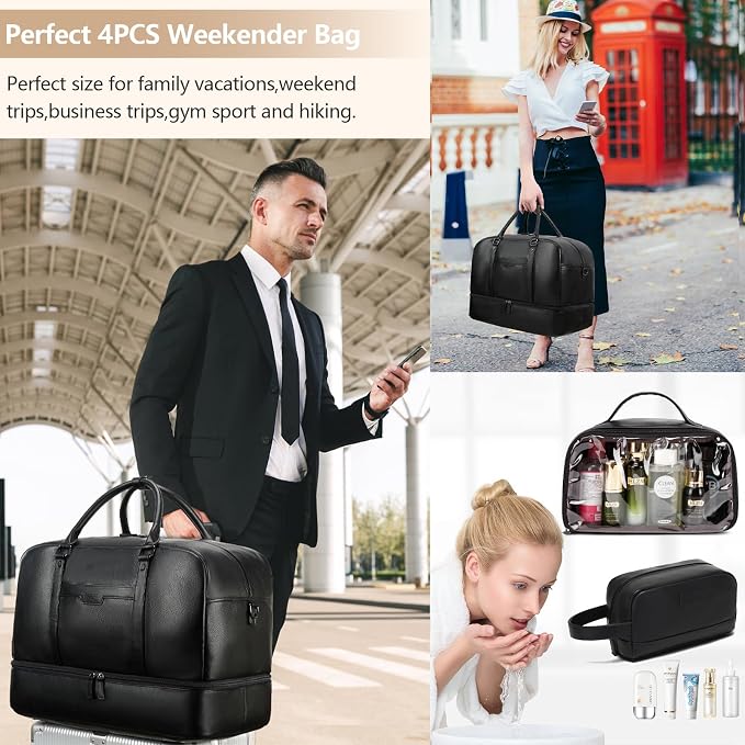 4-in-1 Waterproof Faux Leather Overnight Travel Bag for Women Men | Hospital Gym Weekender Bag Carry On Personal Item Travel Duffel Bags with Shoe Compartment Toiletry Bag Fit 21" Laptop - Image 2