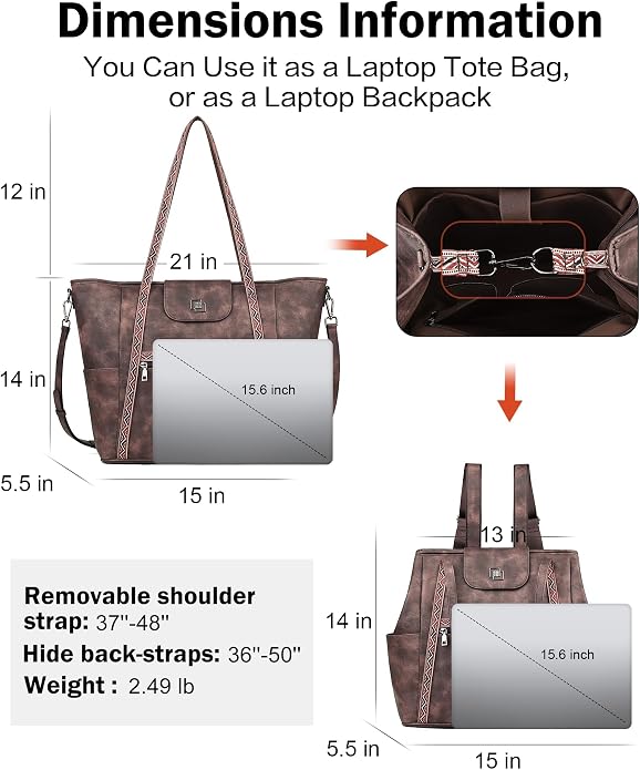 Large Laptop Tote Bag for Women Designer Leather Laptop Bag, 15.6in | Fashion Travel Backpack Purse Shoulder Handbag Fits 15.6 Laptop, Daily, Work, Business Trip, Weekend Travel, Teacher - Image 4