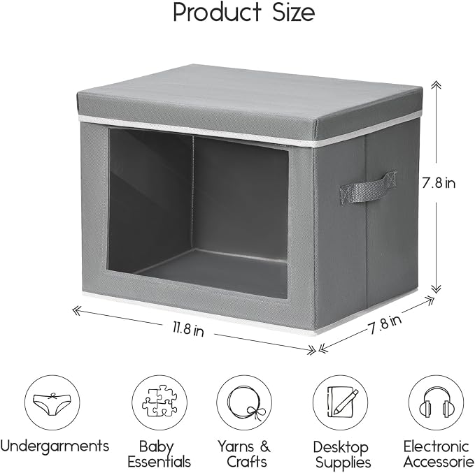 Storage Bins with Lids - Small Fabric Organizers with Window, Collapsible Storage Bins for Clothes, Decorative Closet Organizers for Towels, Tshirt, 3 Pack, Grey - Image 2