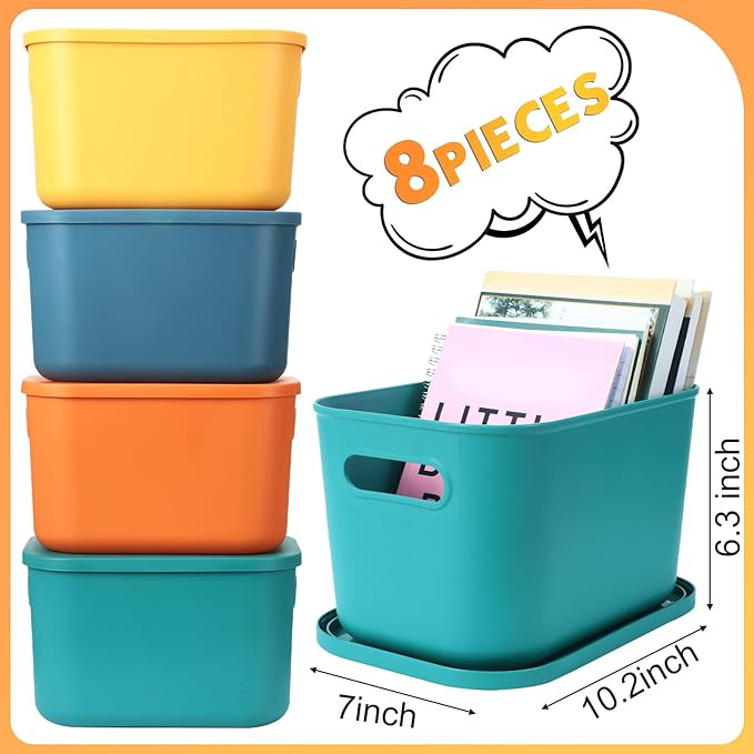 8 Pack Storage Bins, 10.2 X 7 X 6.3 Inch Multi-colored | Plastic Stackable Containers with Lid Handle, For Shelves Desktop Playroom Office, Organizing Toys Books Supplies Storage - Image 2