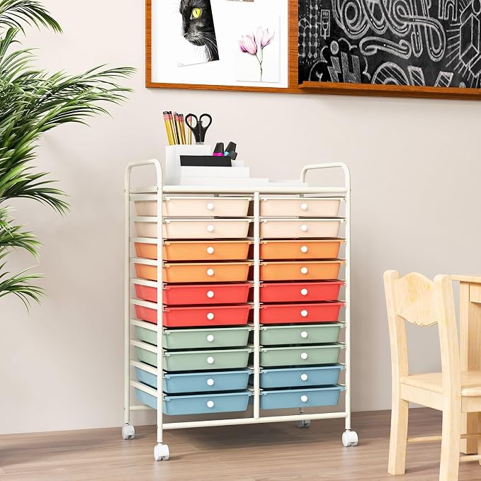 RELAX4LIFE 20 Drawer Rolling Storage Cart, Mobile Rolling Cart w/Drawers for School Classroom Teacher Office Home Salon, Paper File Art Supply Craft Organizer, Utility Cart on Wheels (Macaron) - Image 2