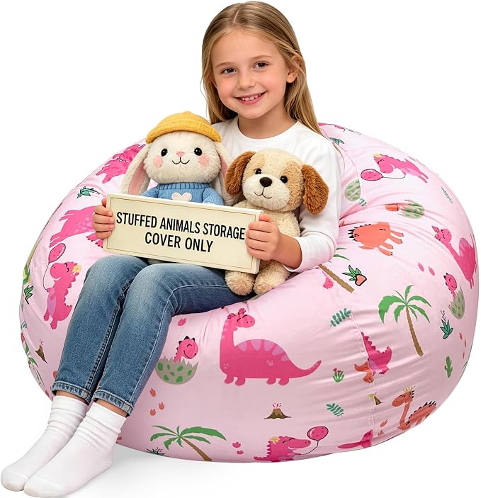 Lukeight Dinosaur Stuffed Animal Storage Bean Bag Chair Cover for Kids, Velvet Plush Toy Organizer Seat, Cover Only, No Filling Included, Long YKK Zipper, Side Pocket, X-Large 30"D x 18"H by Lukeight